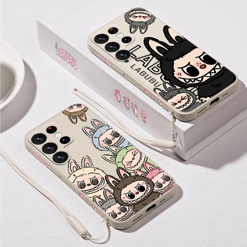 New Kawaii Cute Labubu Phone Case For Samsung S10 S20 S21 S22 S23 S24 Plus Lite Ultra FE Liquid Left Rope Funda Soft Silicone