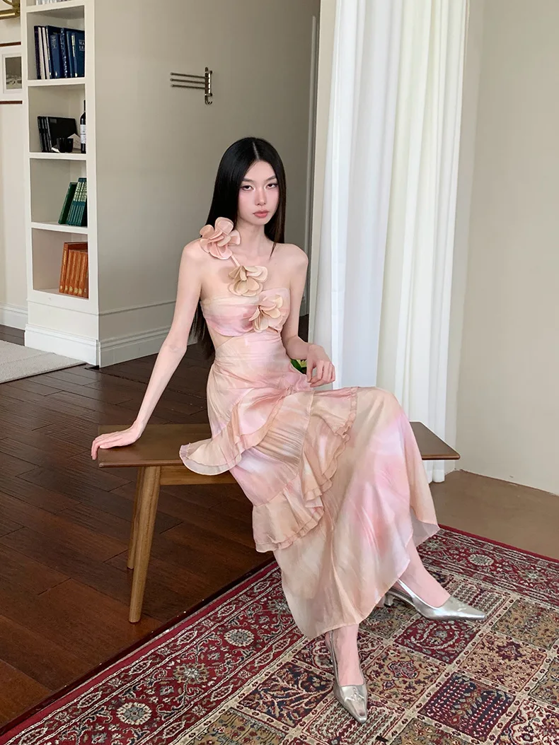 Vintage 3d floral tie-dye impressão sem costas rosa em camadas babados a linha vestido para mulher magro fada saia longa festa vestido de noite