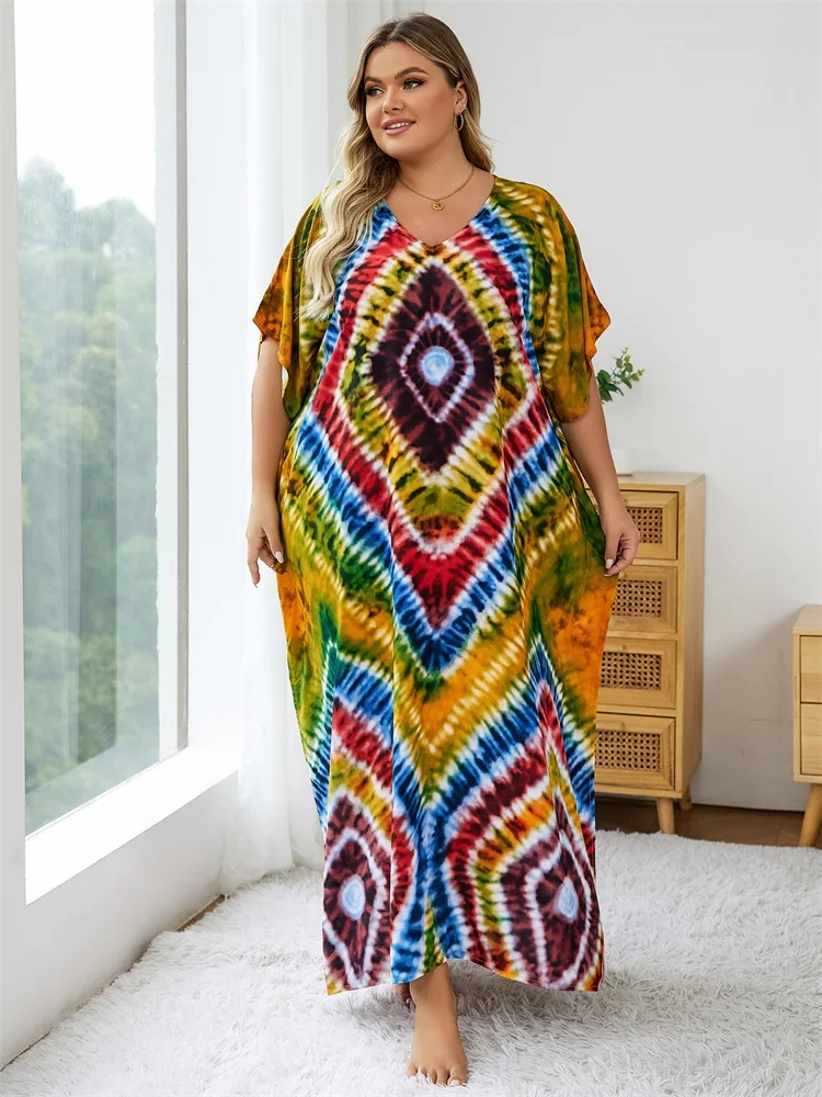 2024 Bohemian Multicolor V Neck Loose Kaftan Dress For Women Summer Casual Plus Size Batwing Sleeve Vacation Long Dress Q1464