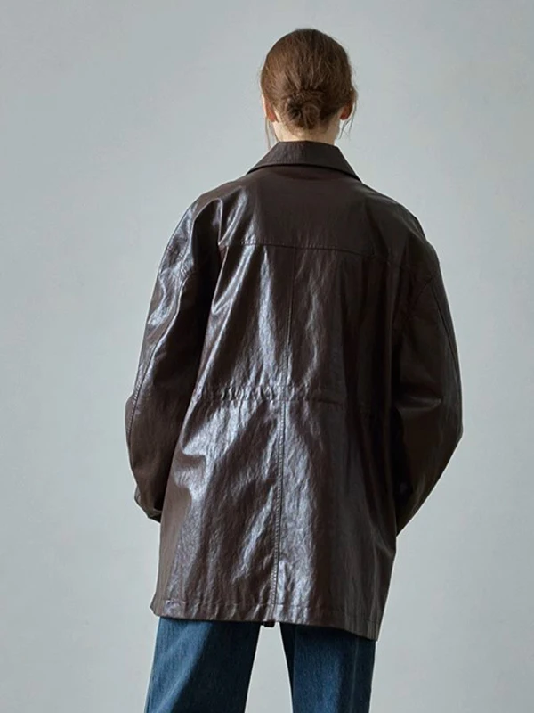 Cappotto in Pelle di Media Lunghezza per Donna, Nuovo Stile Autunno Inverno, Vestibilità Comoda, Maniche Lunghe, Colletto Quadrato, Materiale PU