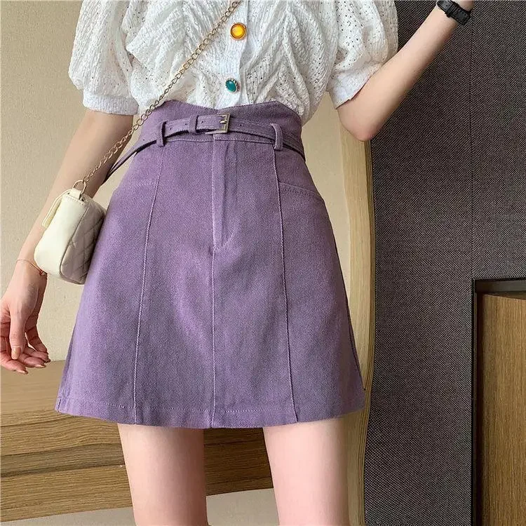 

Denim midi skirt, summer purple high waist slimming A-line skirt, fashionable bag buttocks, short skirt for women