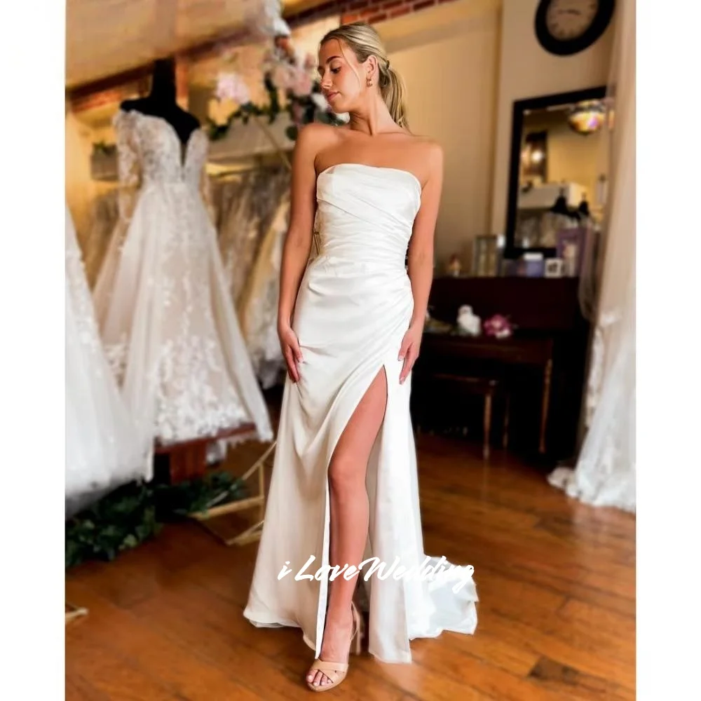 

Simple White Strapless Wedding Dress Sleeveless Mermaid Elegant Backless Side Split Sweep Train Floor-Length Pleated Customized