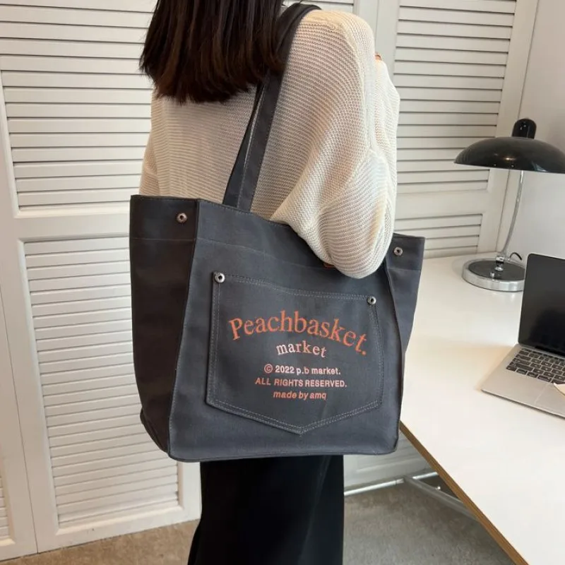 Large Capacity HAndBag Women\'s 2023 New Korean Version Niche Print Tote Bag Versatile Canvas College Student Class Shoulder Bag