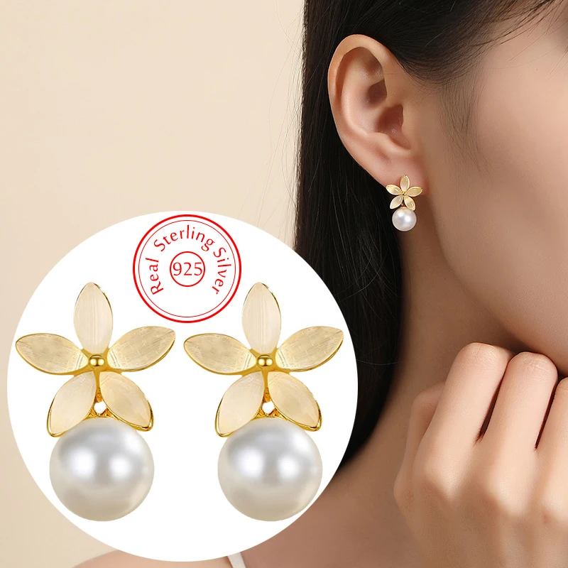 

Pure 925 Sterling Silver Woman's Fashion Jewerly Pearl Flower Stud Earrings New XY0559