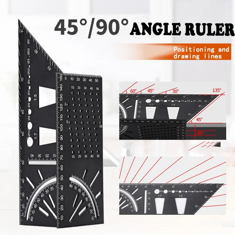 Smooth Carpentry Ruler 3D Mitre Angle Measuring Gauge, Square Size, 45 Degree and 90 Degree Marking, Accurate Measure Multitool