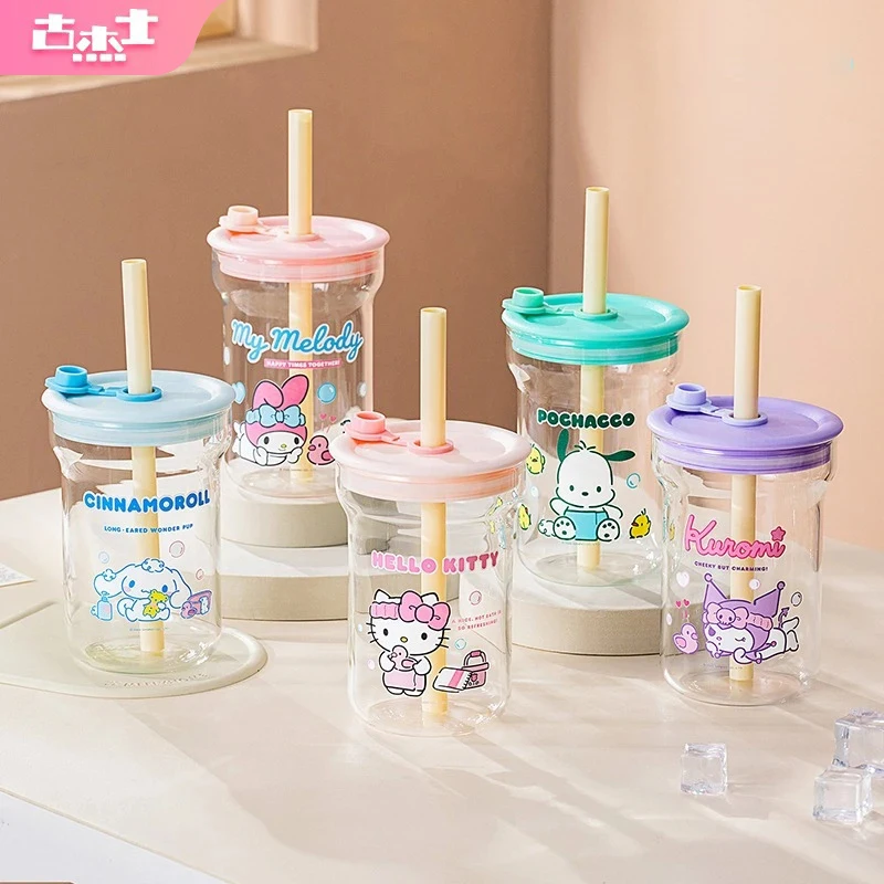 Für Sanrio Strohbecher für Hello Kitty High Borosilikatglas Klarer Wasserbecher mit Deckel Kawaii Home Chilled Juice Soda Becher Geschenke