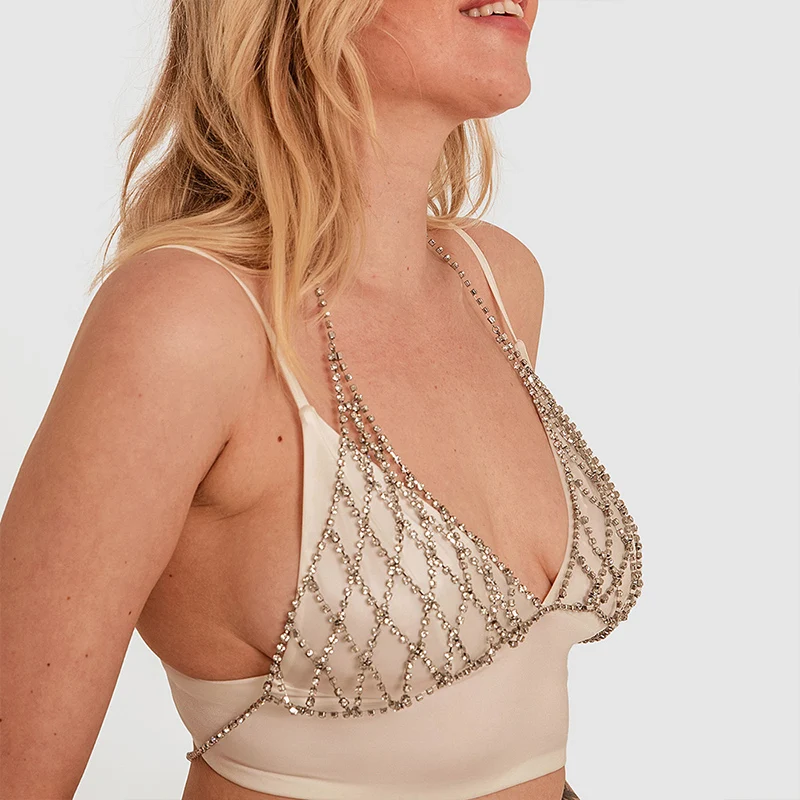 Fashion Beachwear Harness Necklace Inner Mesh Chest Chains Gift Sexy Rhinestone Bra Body Belly Chain Summer Bikini Top Jewelry