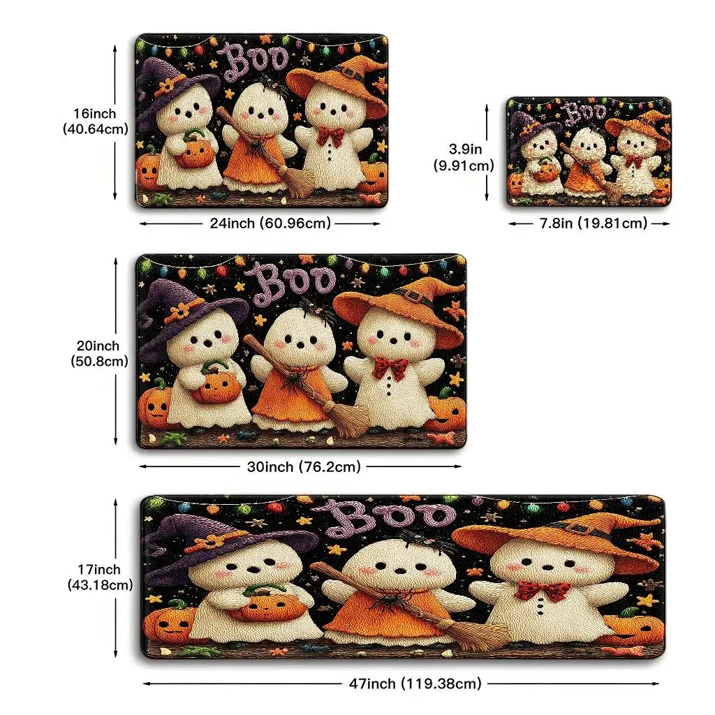 1pc, 2pcs, 3pcs, 2D Flat Kitchen Floor Mat Set, Halloween Themed Floor Mat, Cute Ghosts with Pumpkins Design, Festive Spooky Decorative Rug, Easy-To-Clean Indoor Use, Suitable for Kitchen, Bathroom, Laundry Room, Dining Table