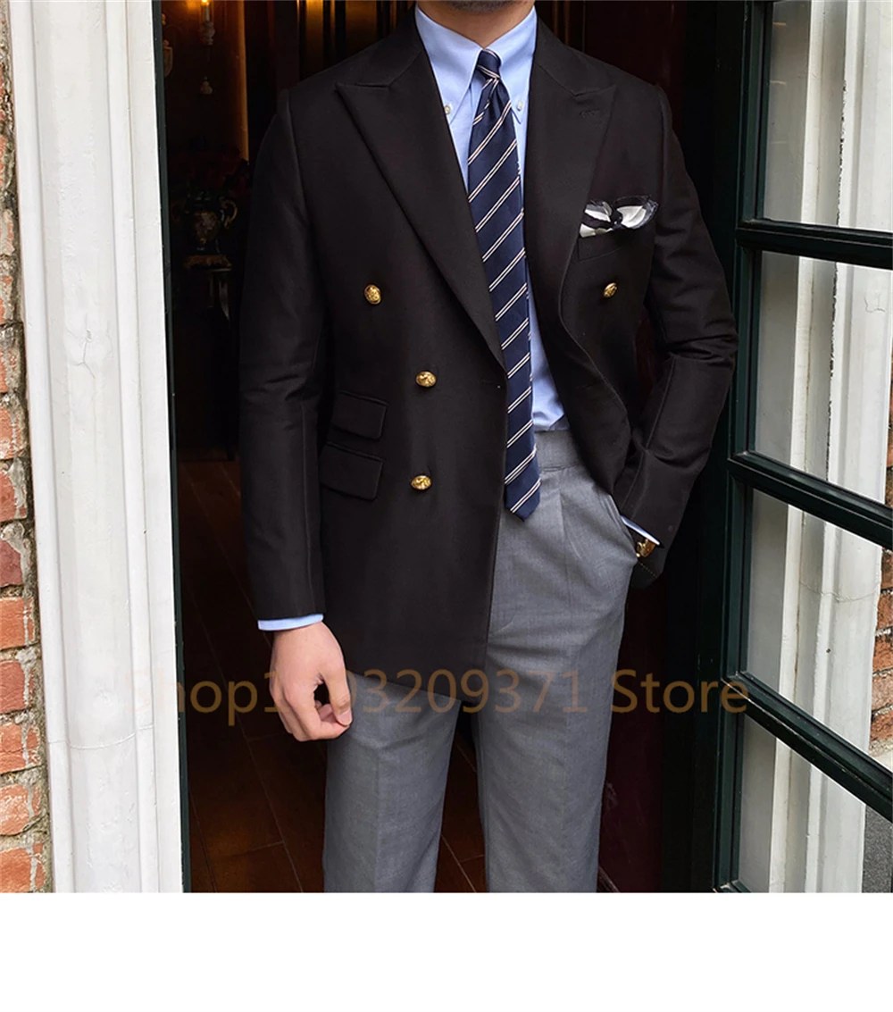 Double-breasted Men Slim Fit Blazer Jackets Solid Color Long Sleeve Lapel Business Suit Coat Outwear Brand Mens Casual Tuxedo