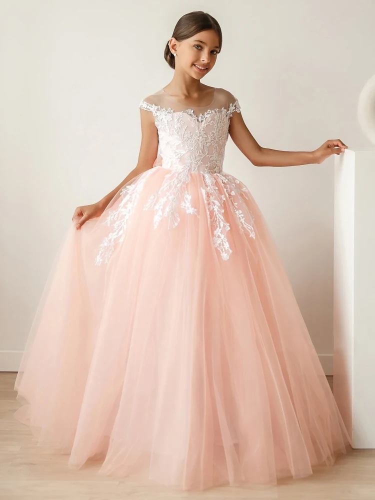 Robes de demoiselle d'honneur roses avec appliques de motif blanc en tulle, nœud en fibre, mariage, fête d'anniversaire, première communion, quoi que ce soit