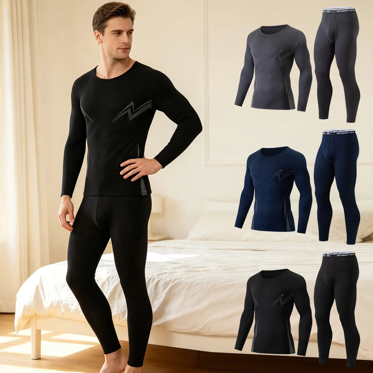 4/2Pcs Men's Warm Suit Autumn/Winter Multi-Color Lightning Print Fashionable And Casual Daily Sports Sweat Absorbing Comfortable
