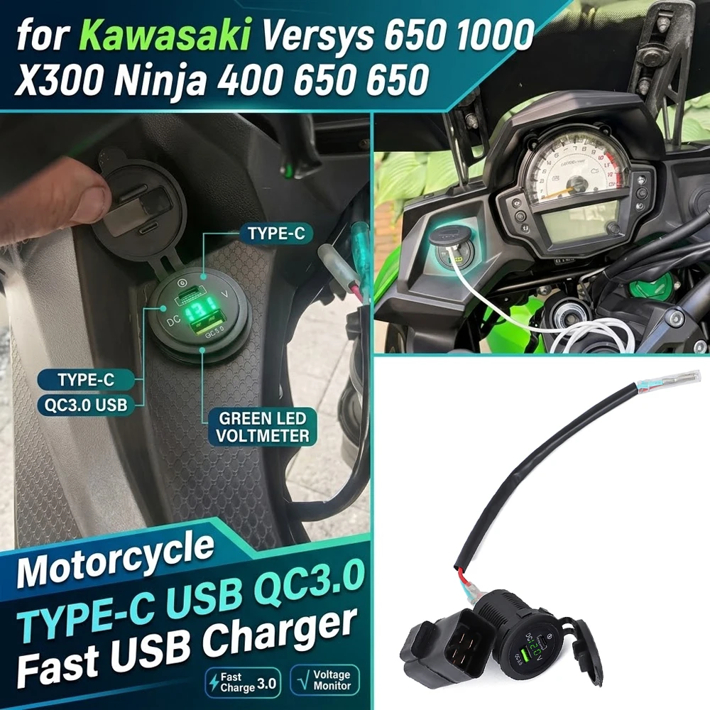 for Kawasaki Versys 650 1000 X300 Ninja 400 650 Motorcycle Charger QC3.0 Fast Charger 12V USB Type-C Power Socket