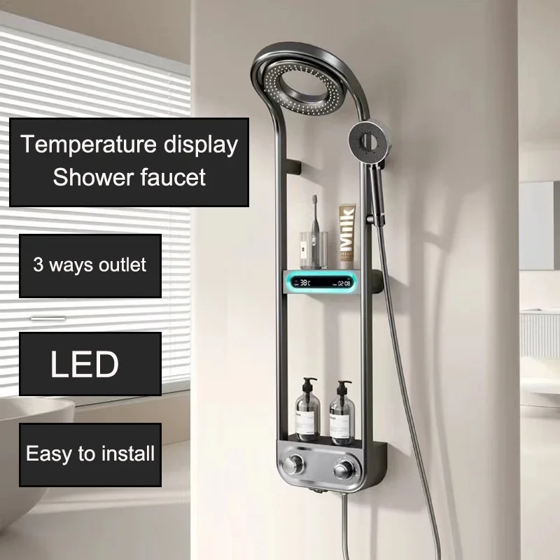 LED عرض درجة الحرارة دش صنبور الأمطار أنواع متعددة تركيب الجدار الكامل يمكن وضع العناصر تصميم جوفاء