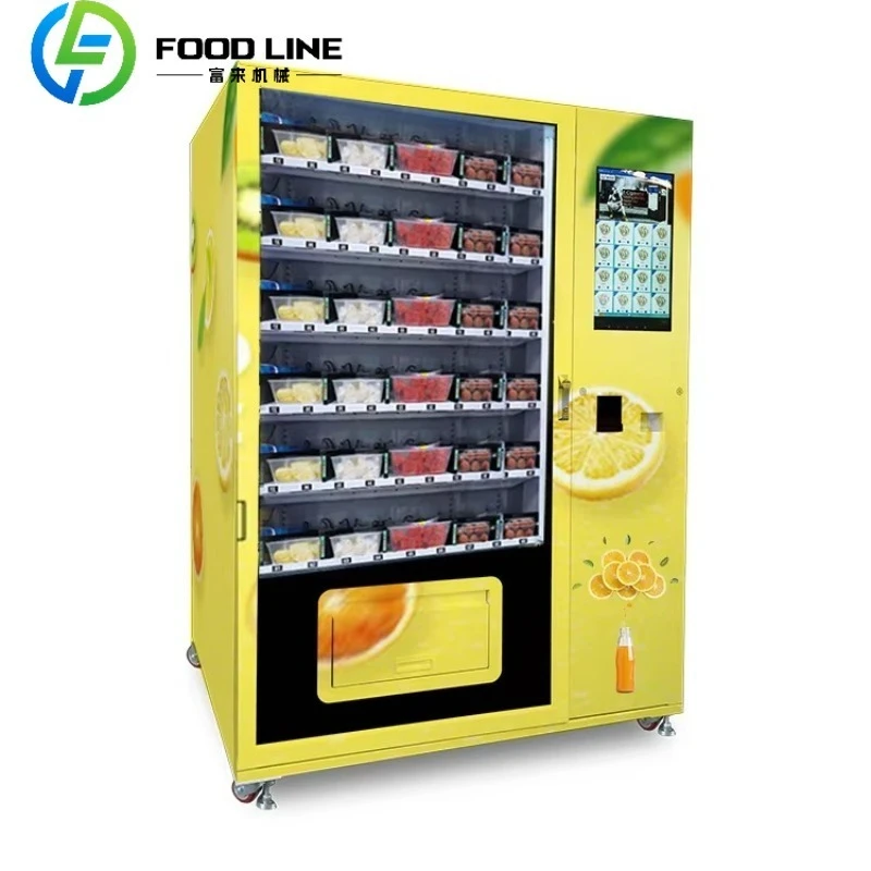 Popular máquina expendedora inteligente de alimentos para ensalada de frutas frescas con ascensor, jugo de naranja, cebollas, negocio comercial