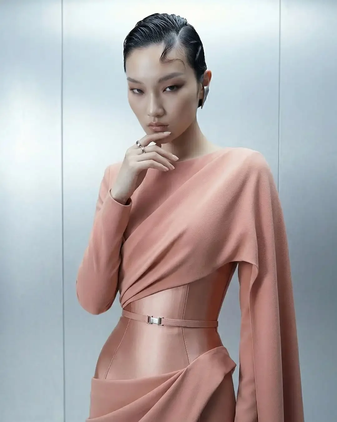 Elegant Blush Pink Satin Gown with Draped Cape Sleeves, Belted Waist & Flowy Floor-Length Silhouette – Lili's Couture Collection