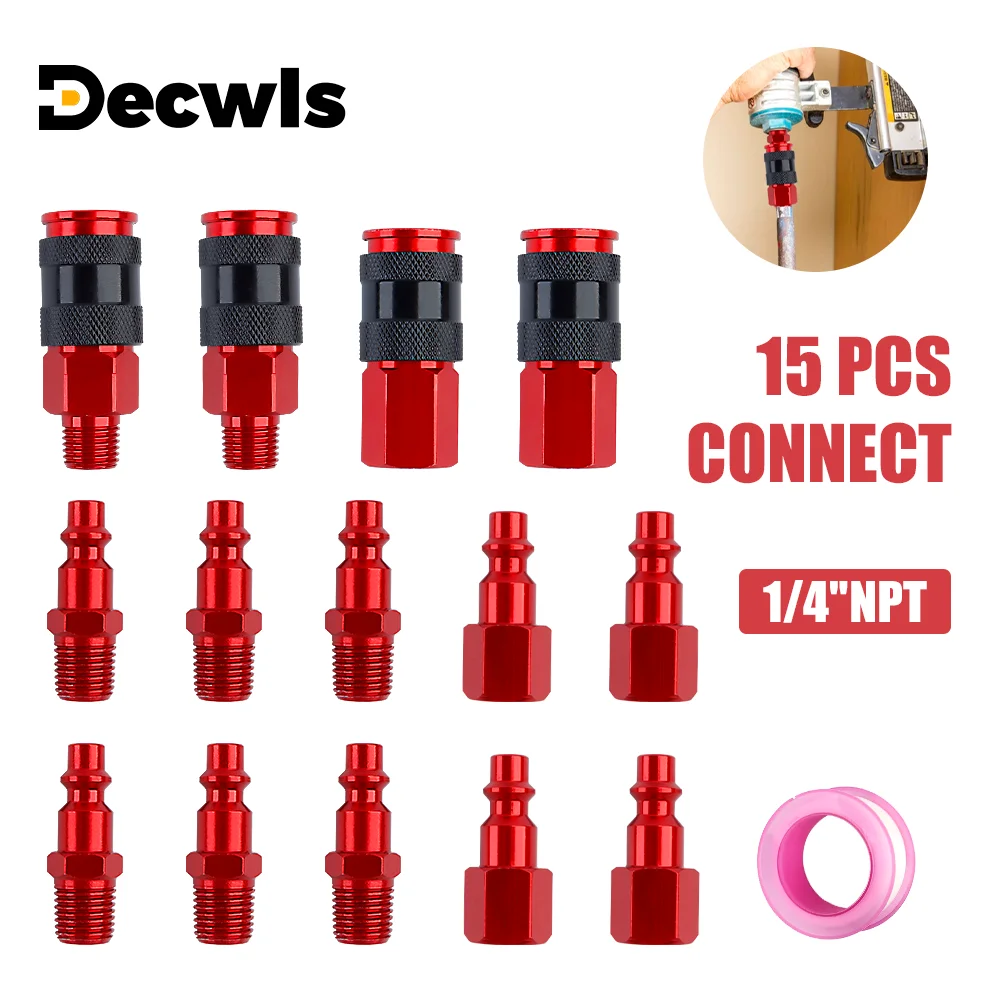 15-Piece Air Coupler Plug Kit, US Interface, 1/4' NPT Thread Fitting, Air Tool Accessories, For Air Compressor/Paint Spray Gun
