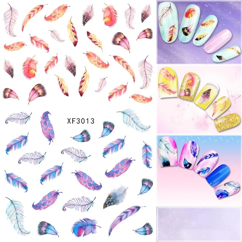 กันน้ําน้ําโอนเล็บสติกเกอร์ DIY 3D Feather Design เล็บปลอมอุปกรณ์ตกแต่งเล็บ Wraps Decals XF3013