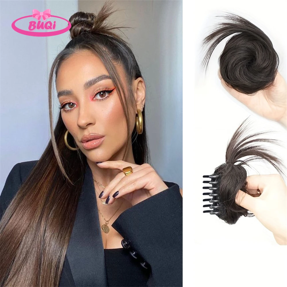 BUQI 2 Pce Claw Clip Messy Hair Buns Tousled Updo Chignon Synthetic Hair Extensions Double Ball Head Wig Bag Elegant Chignon