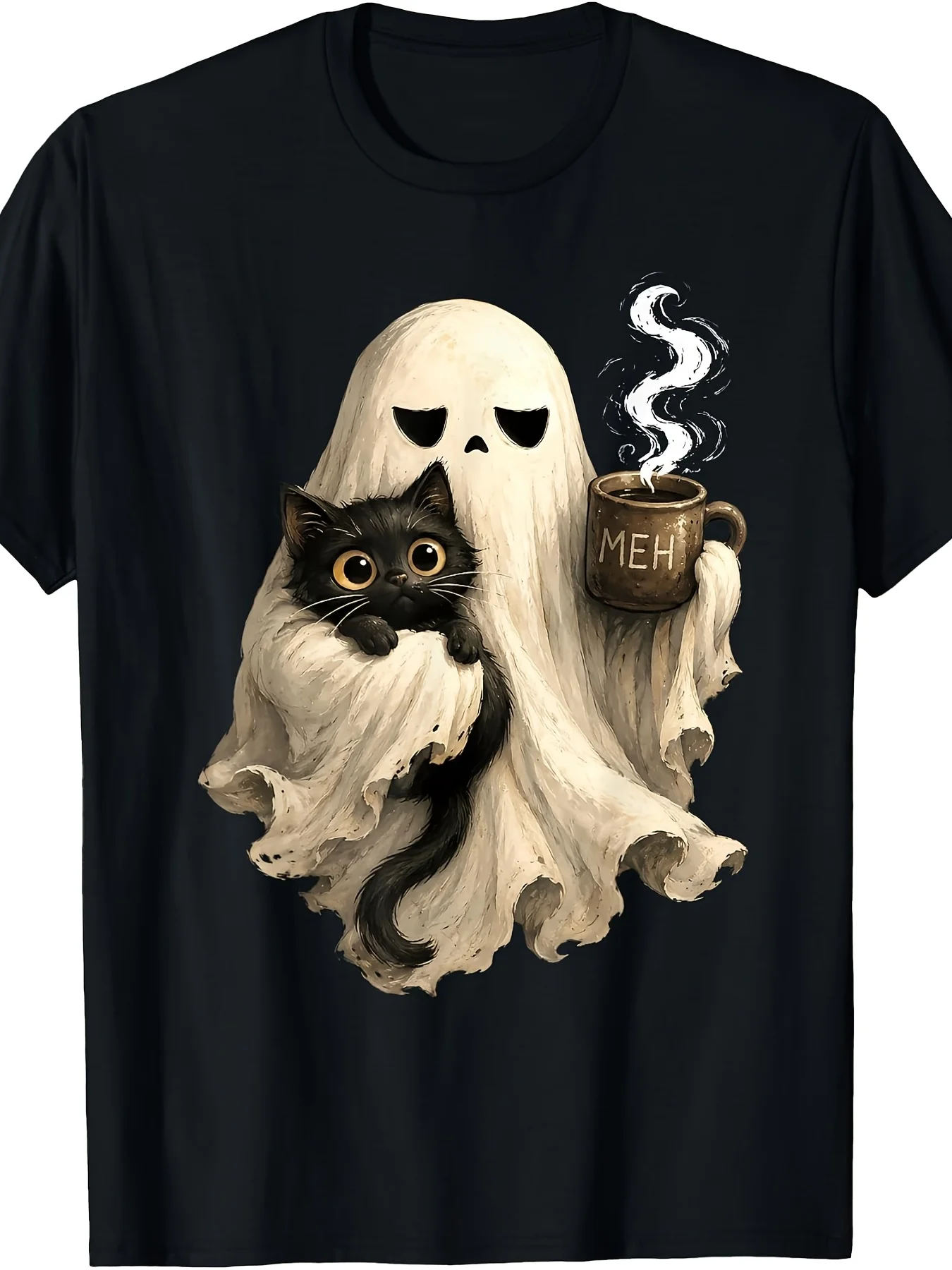 Cute Holding Black Cat Funny Halloween Coffee Spooky T-Shirt Retro Casual Crew Neck Printed T-Shirt