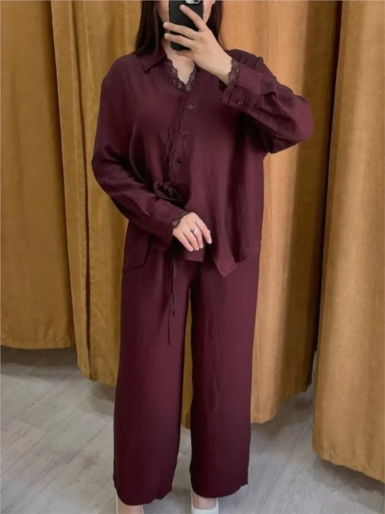 

Элегантный однобортный однобортный топ с v-образным вырезом и длинными рукавами, нестандартный топ + брюки, комплект из 2 предметов, женский однотонный кружевной костюм, женский