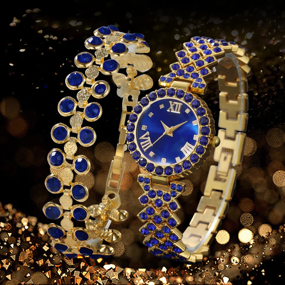 1pc Women Luxury Full Diamond Watch Fashion Quartz Wristwatch & 1pc Bracelet Set Clock Montre Femme