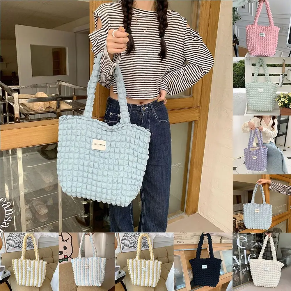 

Pleated Cloud Bubble Shoulder Bag Large Capacity Korean Style Ins Tote Bag Storage Bag Solid Color Plaid Underarm Bag Outdoor