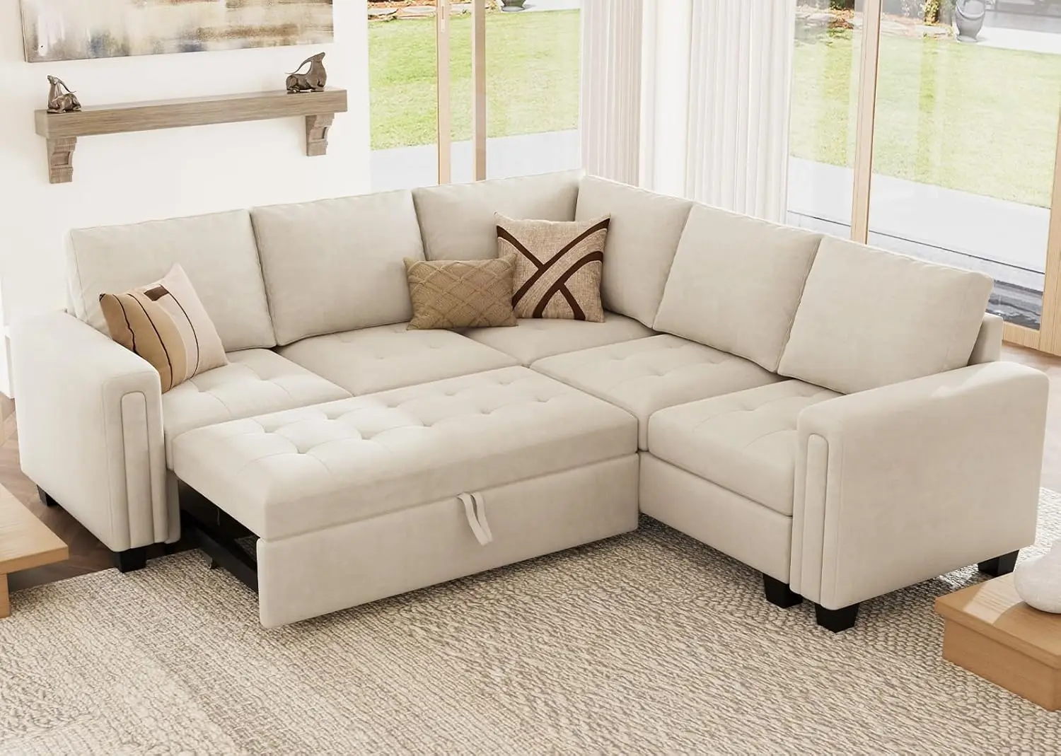 Modular Sectional Sleeper Sofa with Pull Out Couch Bed Velvet Convertible L Shaped Sectional Couch for Living Room Beige