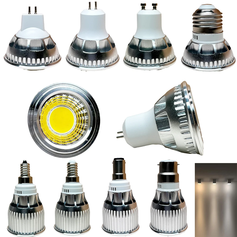 

3w 5w 7w 9W Silver Shell COB light Cup GU10 MR16 GU5.3 E27 E14 E12 B22 LED Light Bulb 85-265V 110V 220V DC 12V 24V Home Lighting