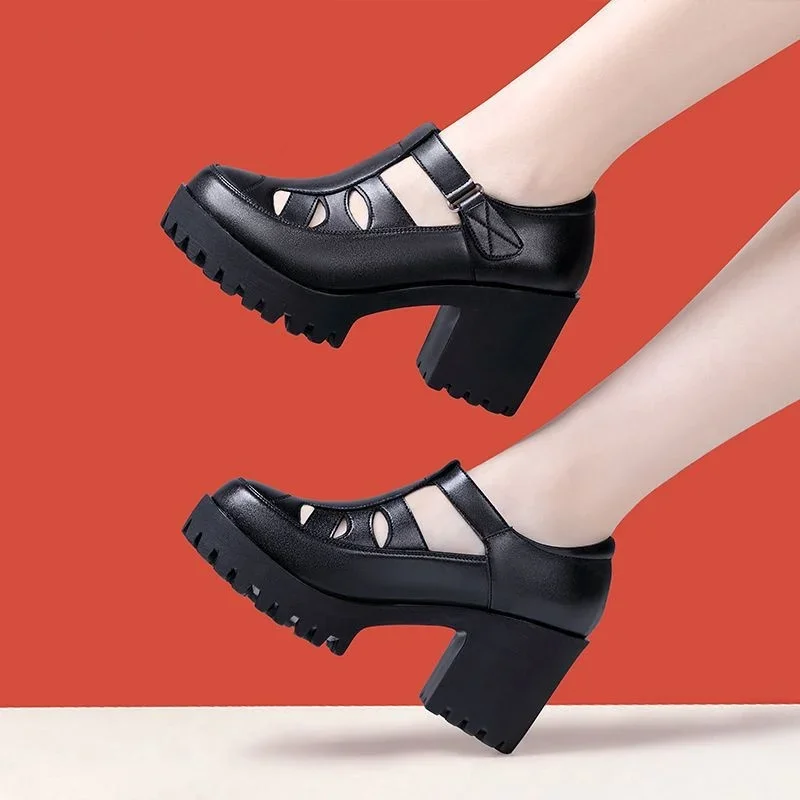 8 centimetri di Piccola Taglia 32-43 Testa Chiusa Scarpe di Cuoio Genuini Sandali Della Piattaforma Grosso 2024 Blocco Tacchi Alti Sandali
