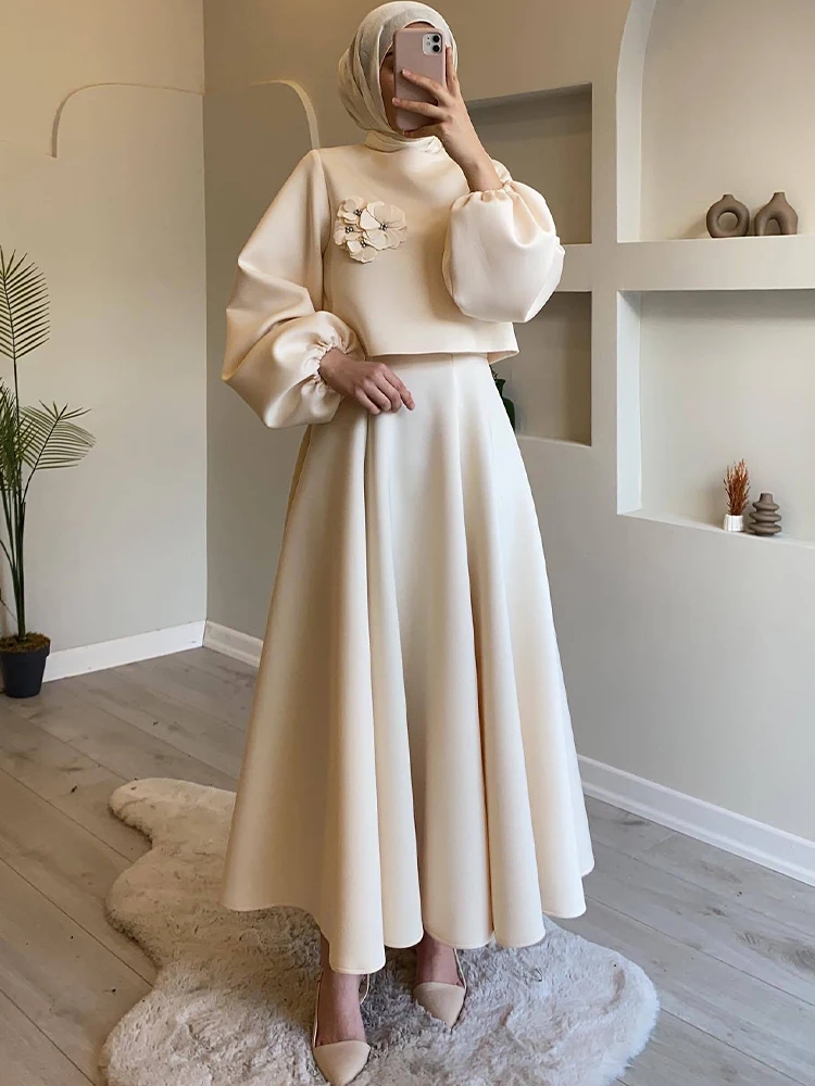 2 Piece Sets Women Outfit Autumn Lantern Sleeve Solid Skirt Suit Female Elegant Ramadan Abaya Dubai Turkey Muslim Dress Sets