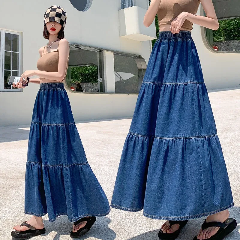 

2023 Spring Denim Long Skirt Cake Puffy Skirt Mid-length Thin Large Size Long Dress Women 80-200 Pounds Can Be Worn