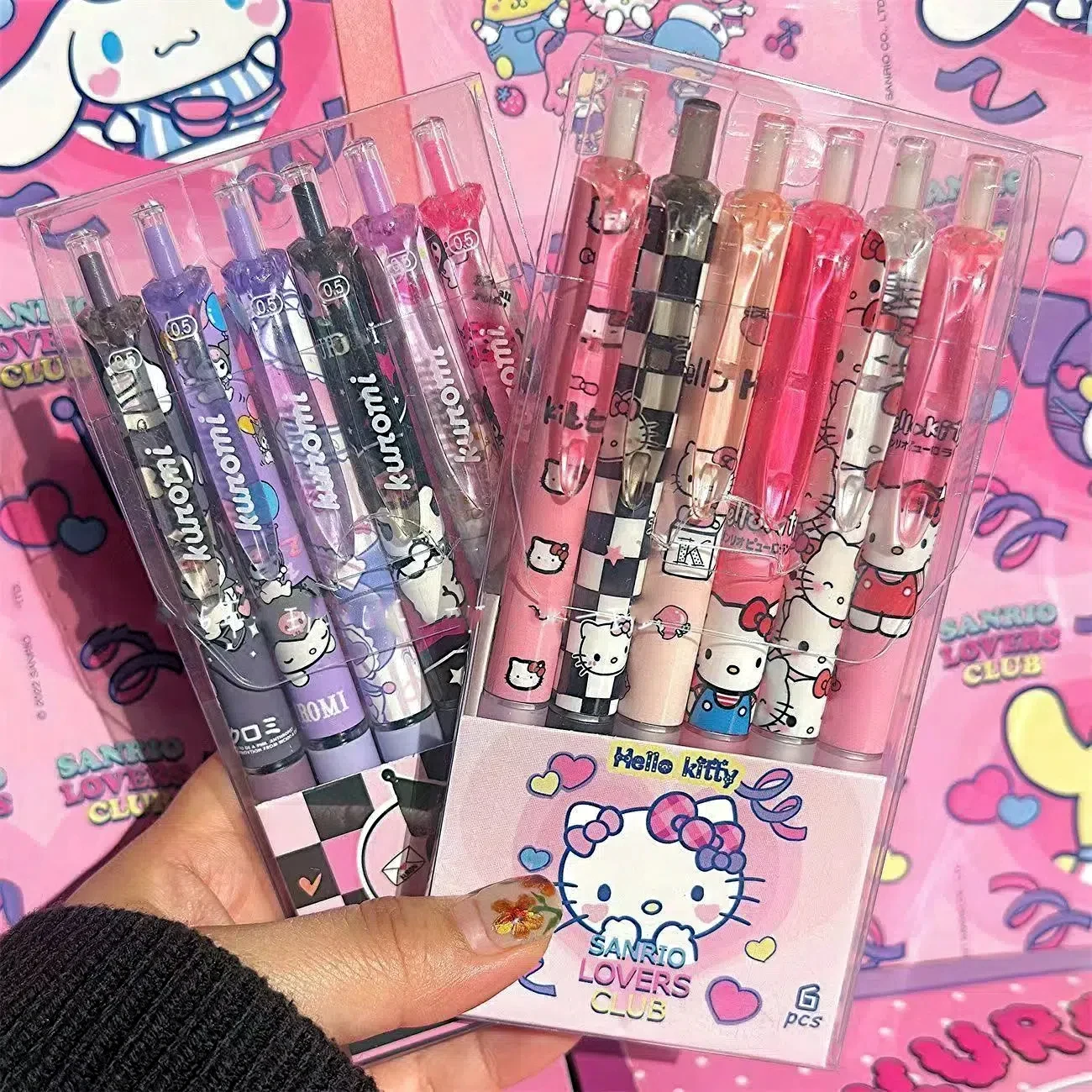 Sanrio Card Unisex Pen Toys 6 Hello Kitty Cartoon Kuromi My Melody Quick Drying Black 0.5mm Press Ballpoint Pen School Supplies