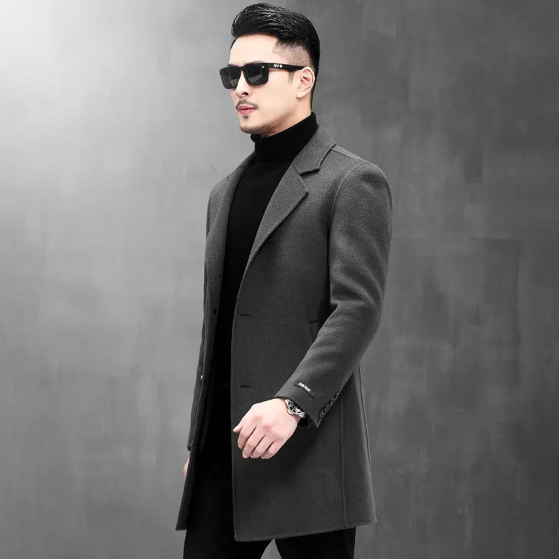 

2023 New Men Pure Woolen Coat Solid Color Turn-down Collar Male Overcoat Casual Loose Mid-Long Spring Single Breasted Jackets