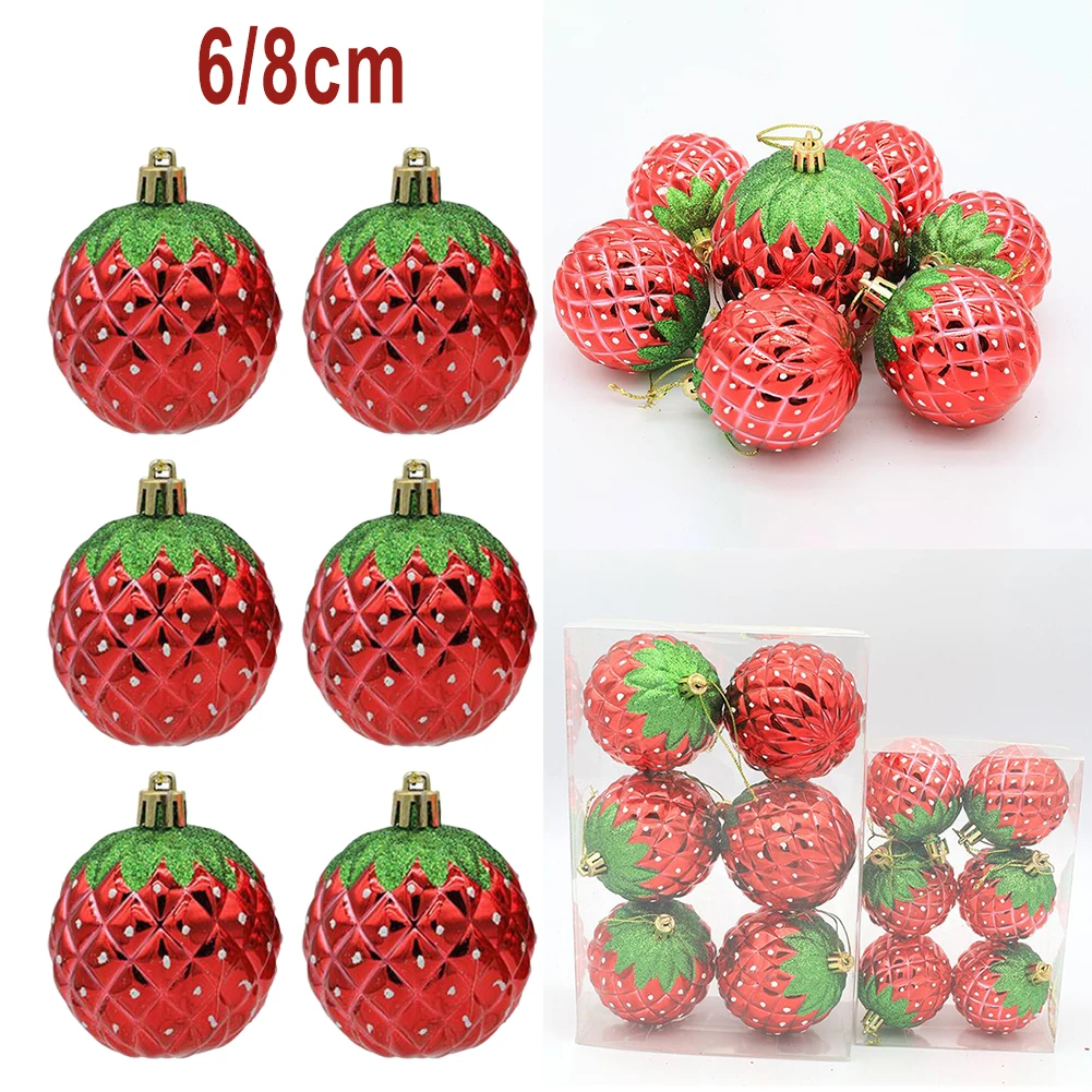 6Pcs 6/8cm Christmas Ball Ornaments Electroplating Painted Strawberry Shape Balls Xmas Tree Pendant For Home 2025 New Year Gifts