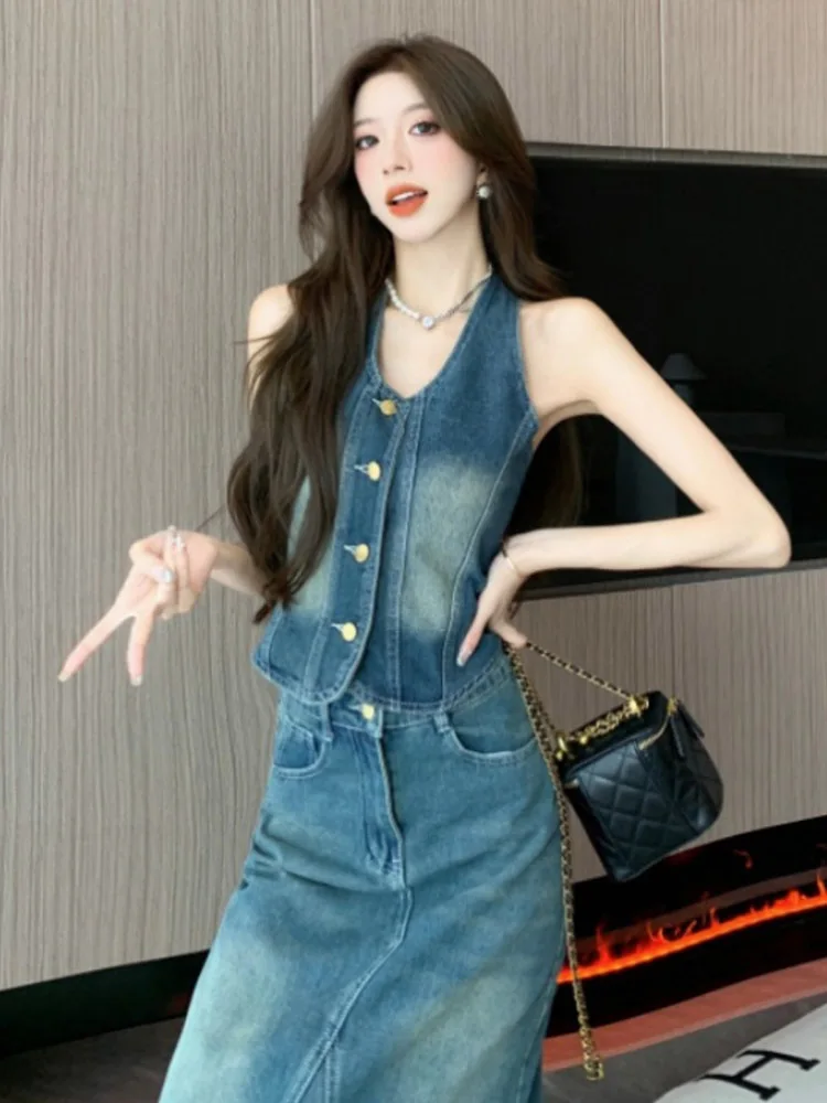 Retro hanging neck backless single breasted denim vest+high waist slim style edge skirt elegant Denim suit