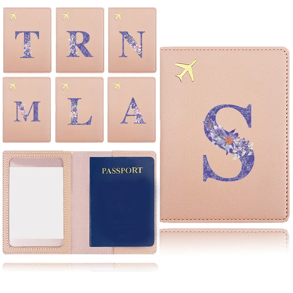 

Pu Passport Case Travel Airplane Passport Cover Potable Business Card Credit Card Passport Clip Purple Flower Letter Pattern