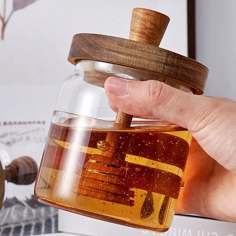 Honey Jar with Wooden Lid Premium Wooden Stirring Stick Glass Sealed Jar Transparent Honey Storage Jar Kitchen Storage Tank