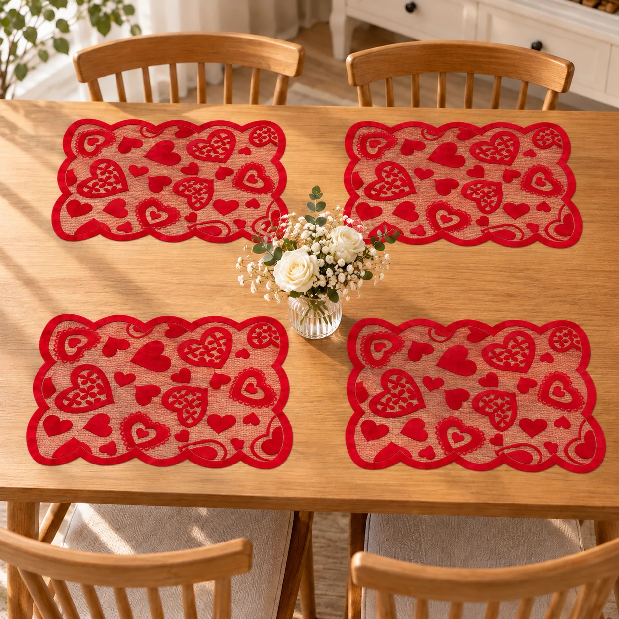 4pcs Romantic Red Lace Placemat with Heart Pattern, Hollow Scalloped Table Mat for Valentine Wedding Dining Decor