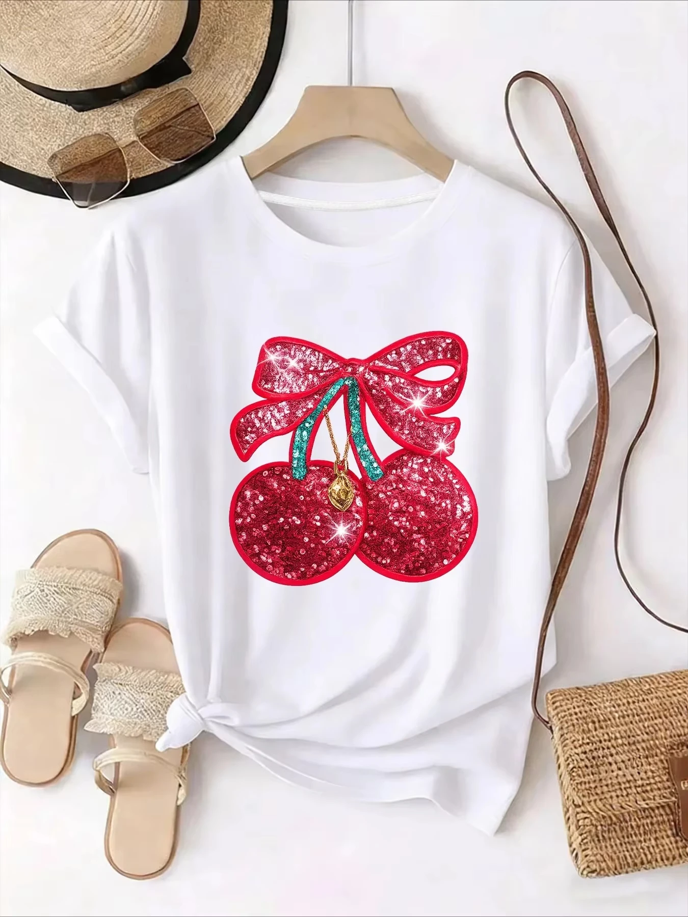 Unisex T‑shirt Glitter Cherry Bow Graphic Tee Crew Neck Short Sleeve Sparkle Fruit Bowknot Print Sweet Casual Summer Street Top