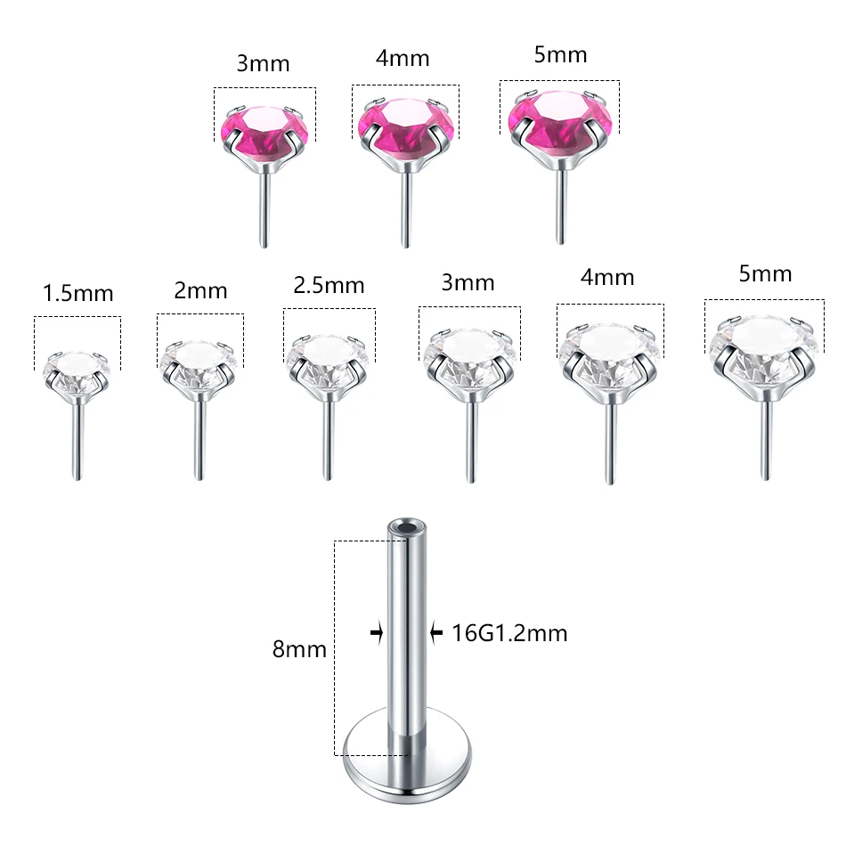 1PCS Titanium Push-in Labret Piercings with 1.5/2/2.5/3/4/5mm Pink Zircon Threadless Stud Earrings Tragus Helix Piercing Jewelry