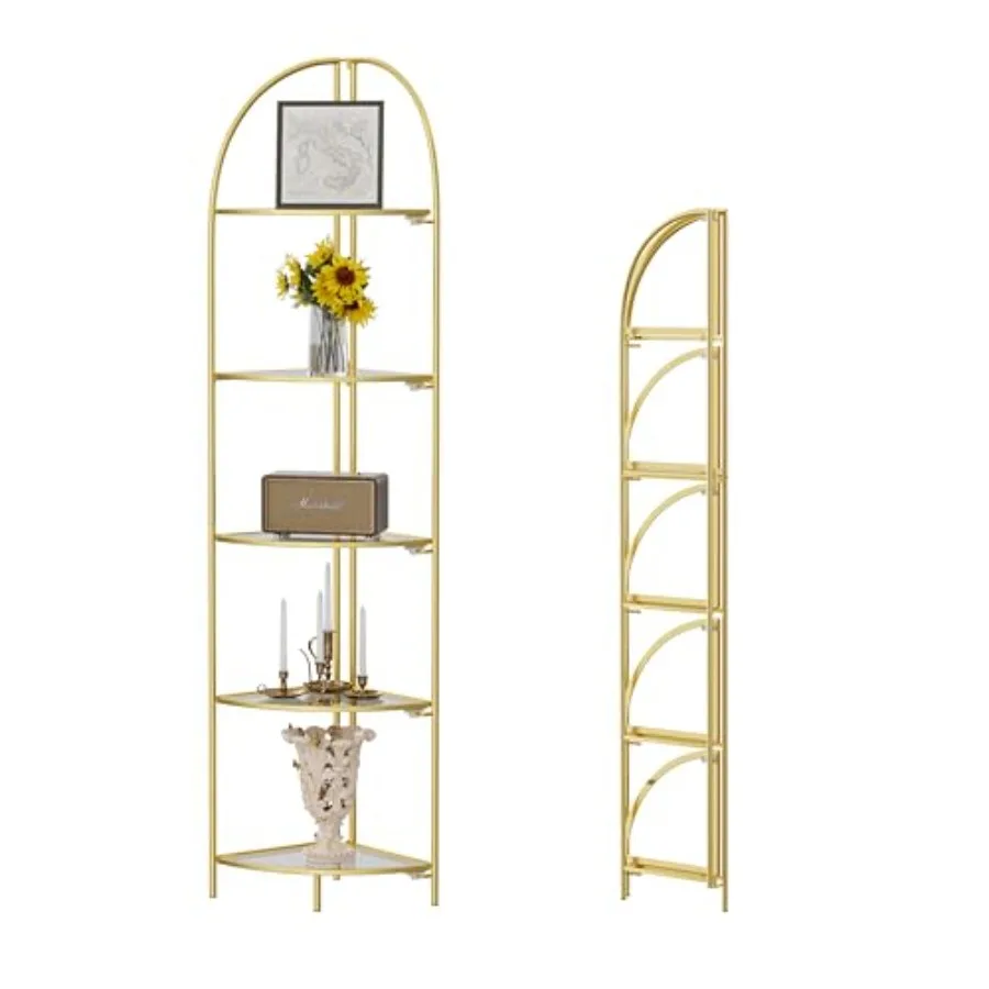

Foldable 5 Tier Corner Shelf Metal Corner Plant Stand with Gold Frame and Transparent Shelves for Living Room Bedroom Bathroom