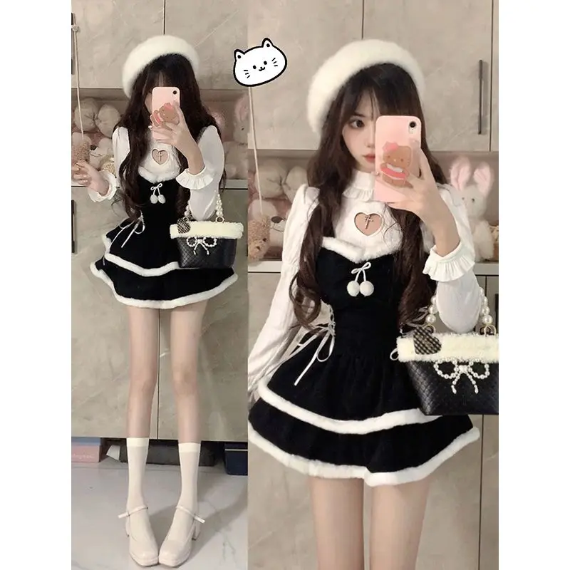 

Korea Winter Lolita Christmal Women Top Sling Dress Female Casual Cosplay Princess Designer Set