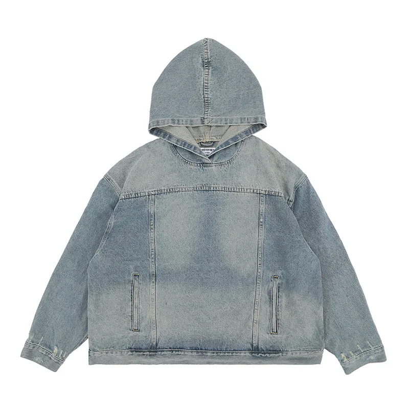 High Street Oversized Denim Hoodied Sweatshirts Washed Distressed Jackets High Quality Hoodie Pullover Casual Printed Hoodies