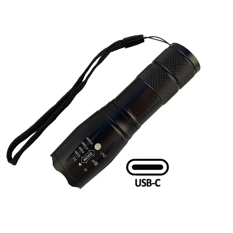 Mini Rechargeable Flashlight 2PACK T6 LED Zoom Camping Portable Light USB Type-C Pocket EDC Torch with Built-in 18650 Battery
