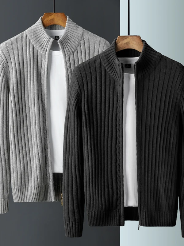 

High-End Men's Knitted Cardigan Sweater Casual Spring Autumn Outerwear Zipper Closure Soft Cotton Polyester Blend Long Sve
