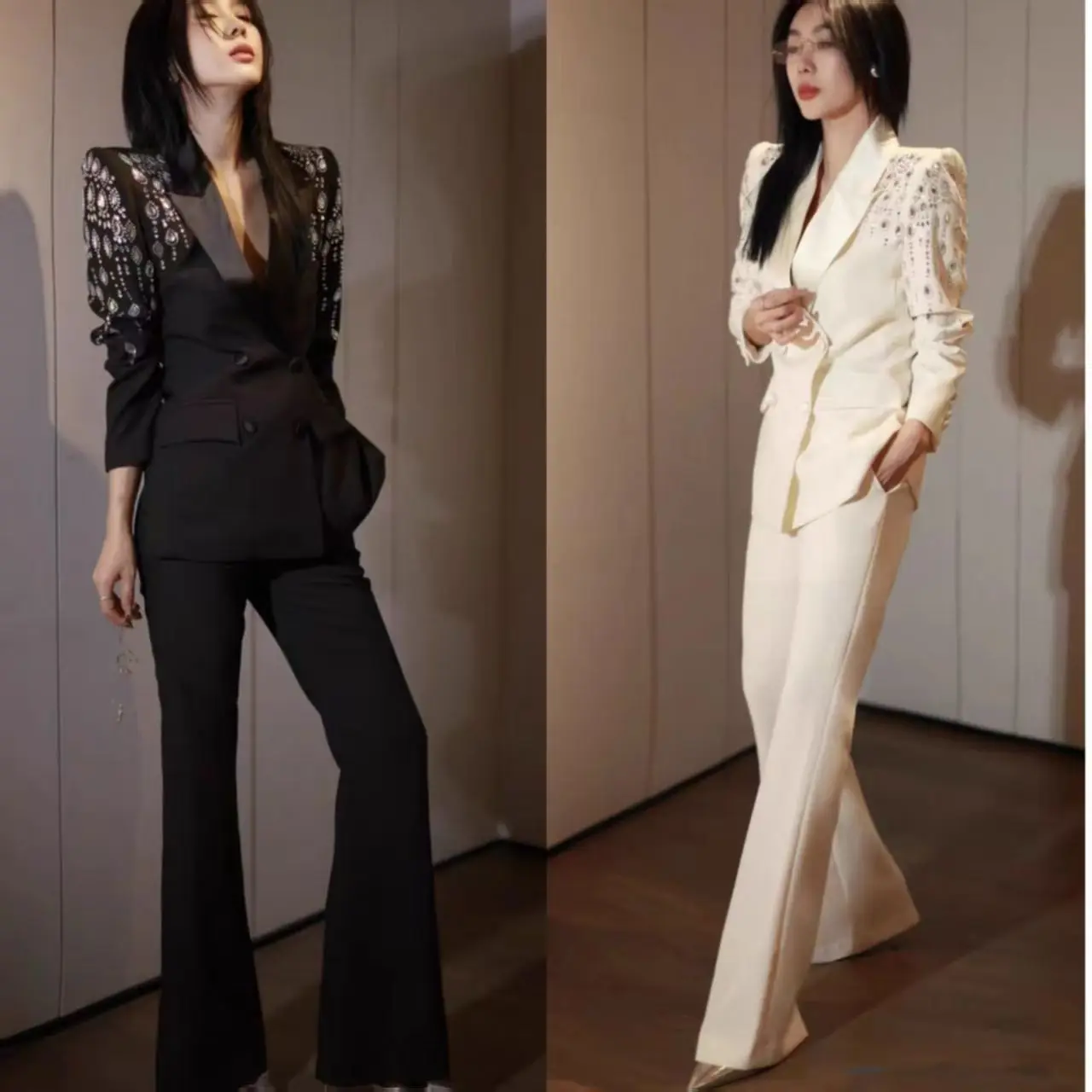 

Элегантный вечерний костюм-двойка Slim Fit с верхней одеждой, украшенной стразами, из полиэстера, с длинными рукавами и длинными брюками