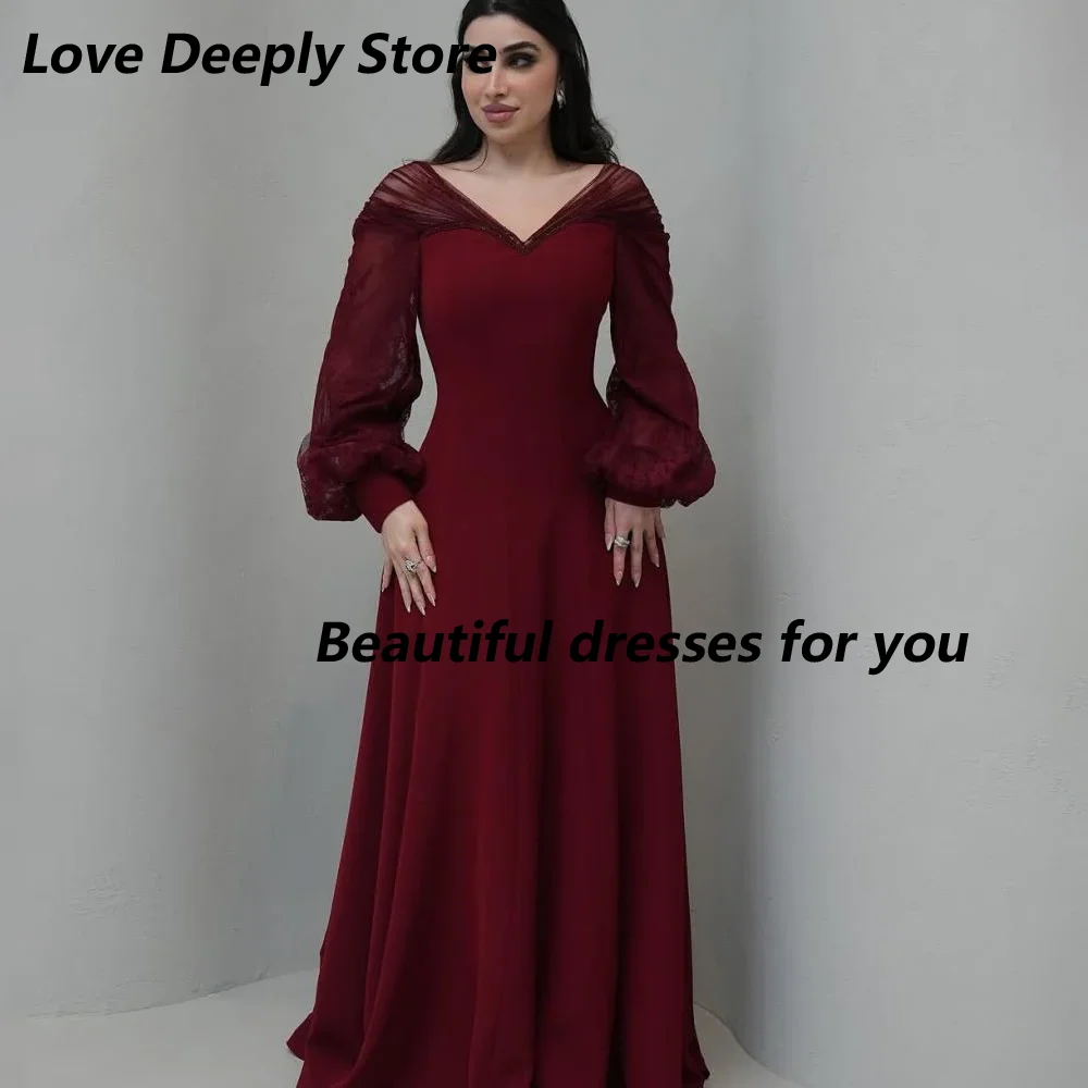 Robe de soirée bordeaux personnalisée, manches longues, col en V, longueur au sol, ligne A, robes d'occasion formelles, robe de bal arabe saoudienne