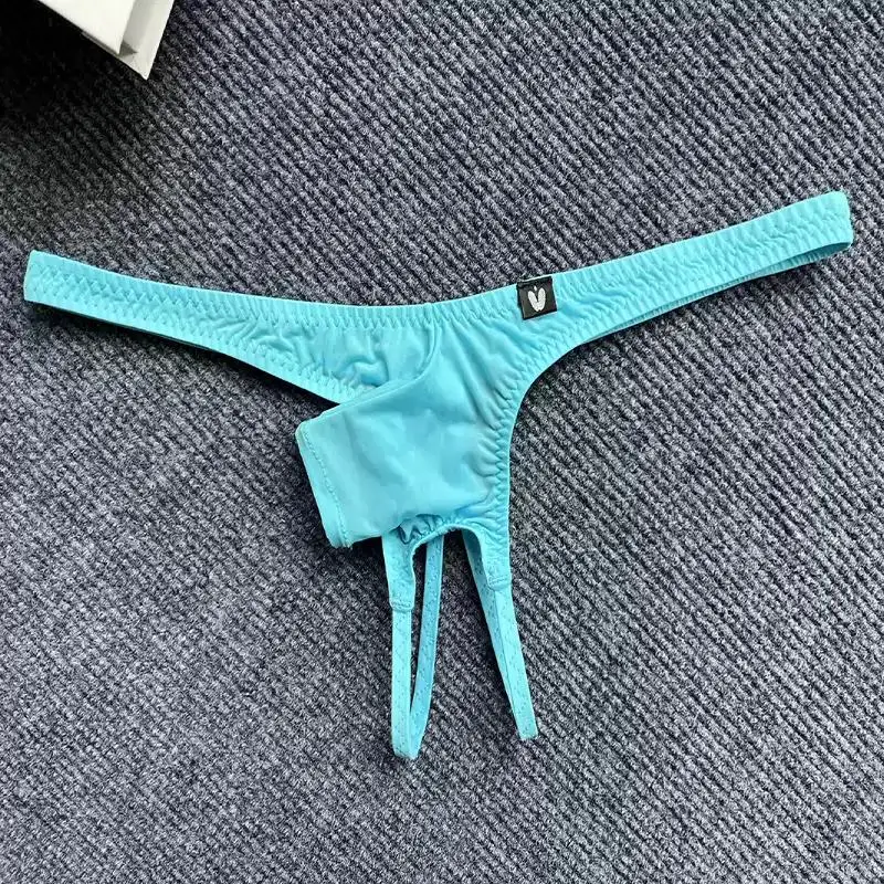 Men\'s Sexy Low Waisted Thong With Short Elephant Trunk Ice Silk Thin Cut Hollowed OutThin Straps Solid Color Underware