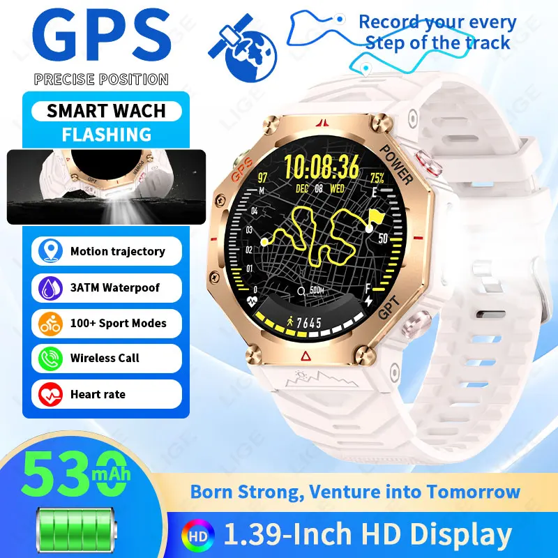 

LIGE 2026 Sports Watch Satellite Systems GPS Motion Trajectory Waterproof Compass Bluetooth Call LED Flashlight Women's Watch
