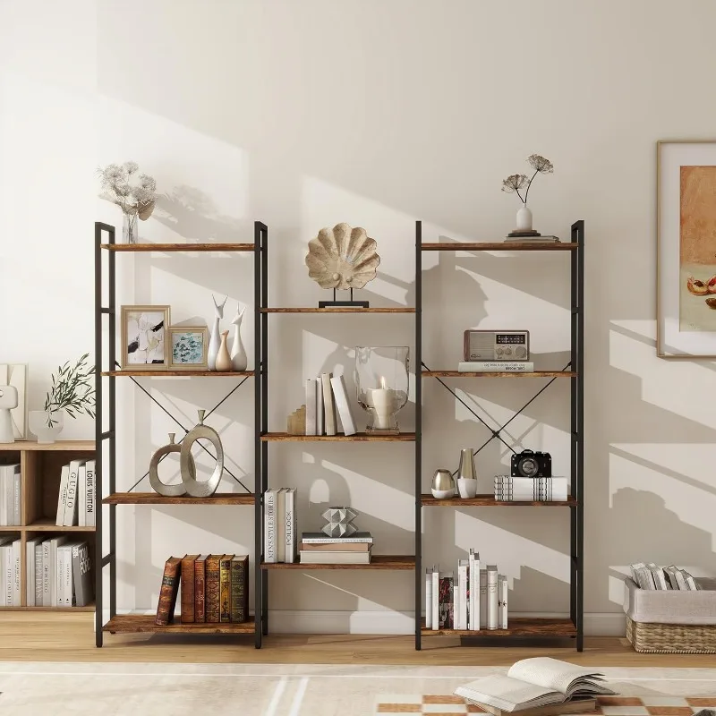 4 Tier Bookshelf, Industrial Bookcase with 11 Open Display Shelves Wide Book Shelf Books Case with Metal Frame